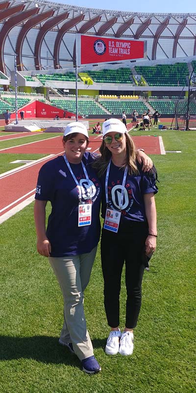 Dr. Alana Ryan, right, with Lori Barnes, athletic trainer, left, at the 2021 U.S. Olympic Trials in track and field