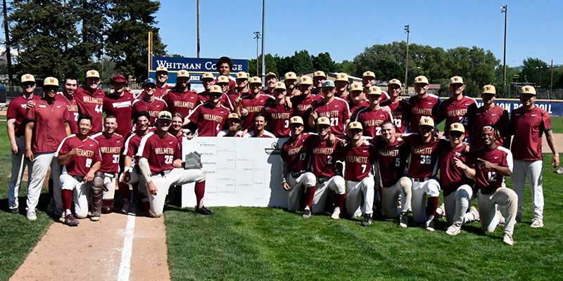 Team photo of the Willamette University Bearcats after winning the 2024 NWC Baseball Tournament Championship