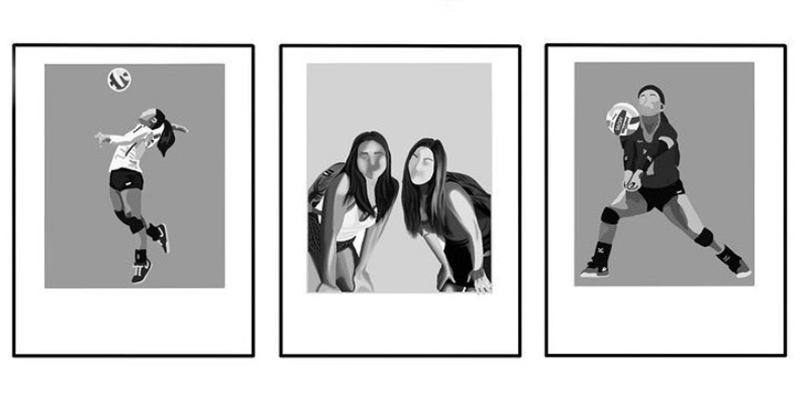 Black and white triptych art. Left pane: volleyball player serving, center pane: two teammates posing, right pane: player digging volleyball